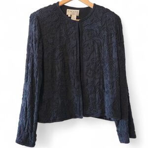 Vintage Oleg Cassini Black Tie Beaded Floral Textured Evening Jacket Blazer Sz 8